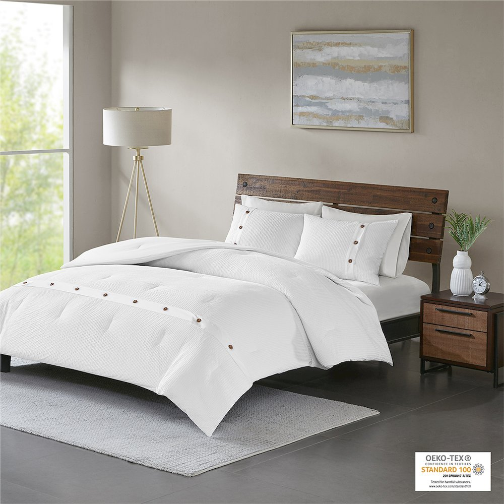 Start2Finish 3-piece cotton waffle weave comforter set with textured fabric and matching pillow shams on a neatly made bed.