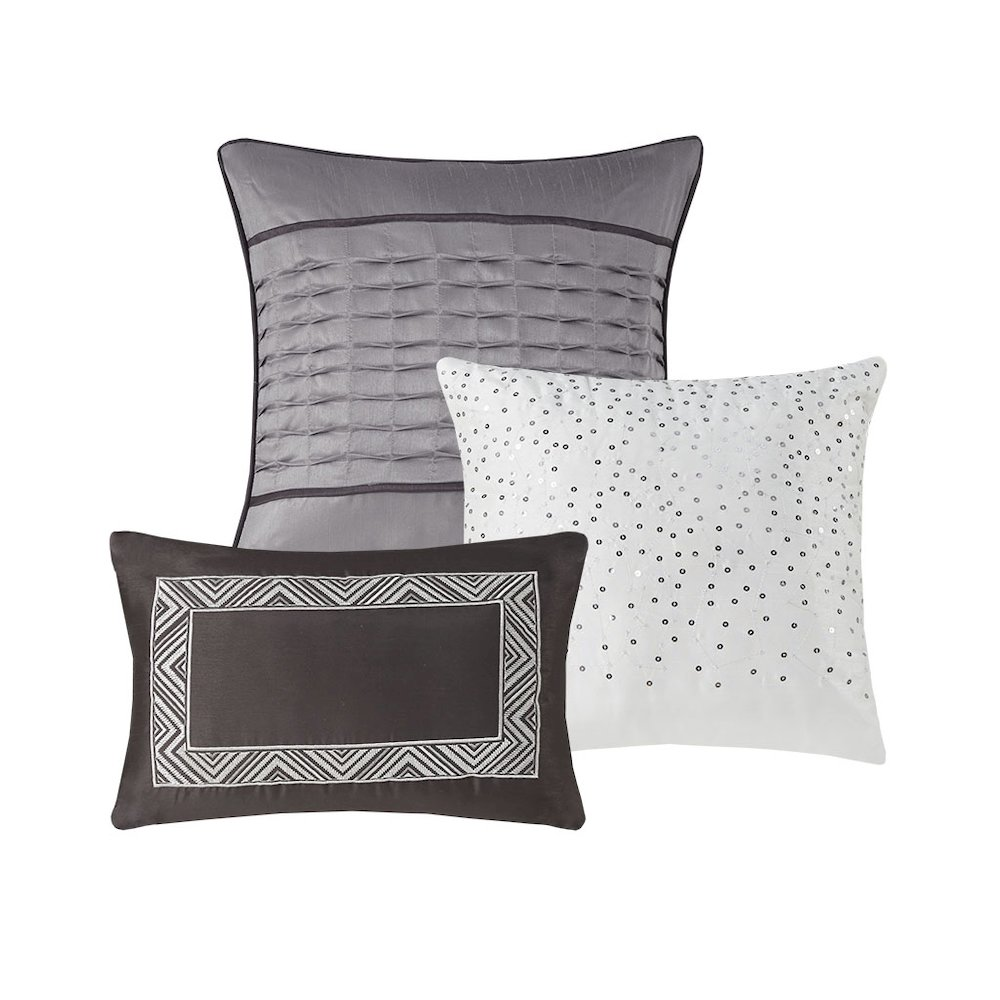 Start2Finish 7-piece jacquard comforter set with matching pillow shams and decorative pillows on a neatly made bed.