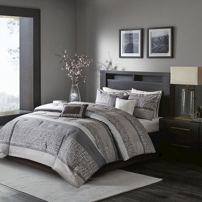 Start2Finish 7-piece Jacquard comforter set featuring intricate woven design, includes comforter, shams, and decorative pillows.