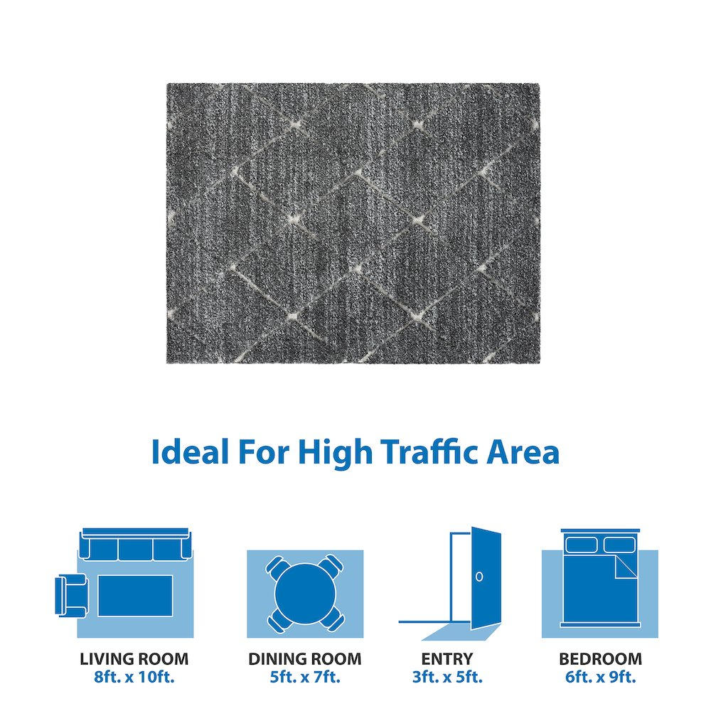 Start2Finish Talas Trellis Area Rug in grey and cream showing geometric trellis pattern on soft fabric surface.