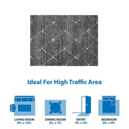 Start2Finish Talas Trellis Area Rug in grey and cream showing geometric trellis pattern on soft fabric surface.
