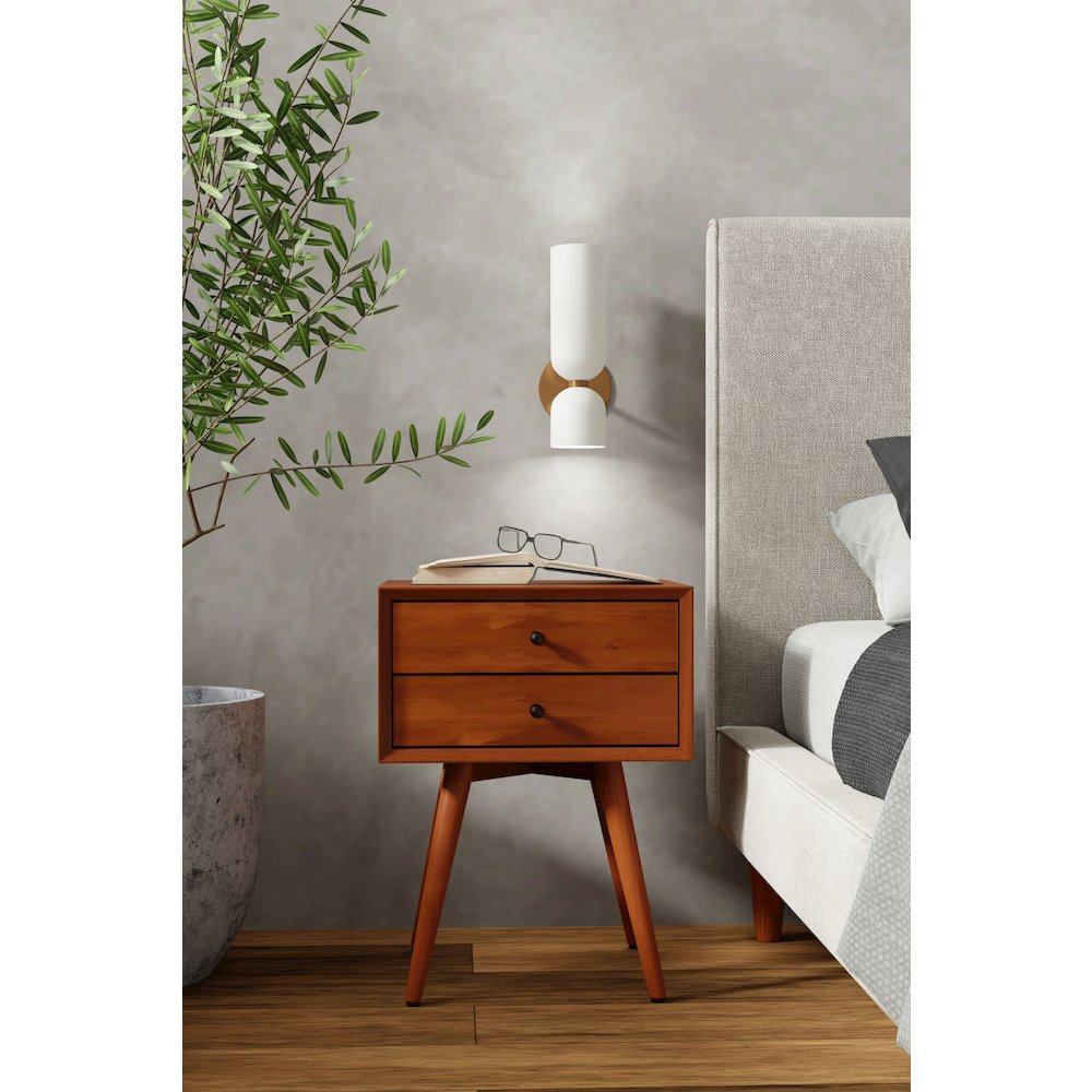 Flynn Small Nightstand in Acorn finish by Start2Finish, showing a compact wooden bedside table with a single drawer and open shelf.