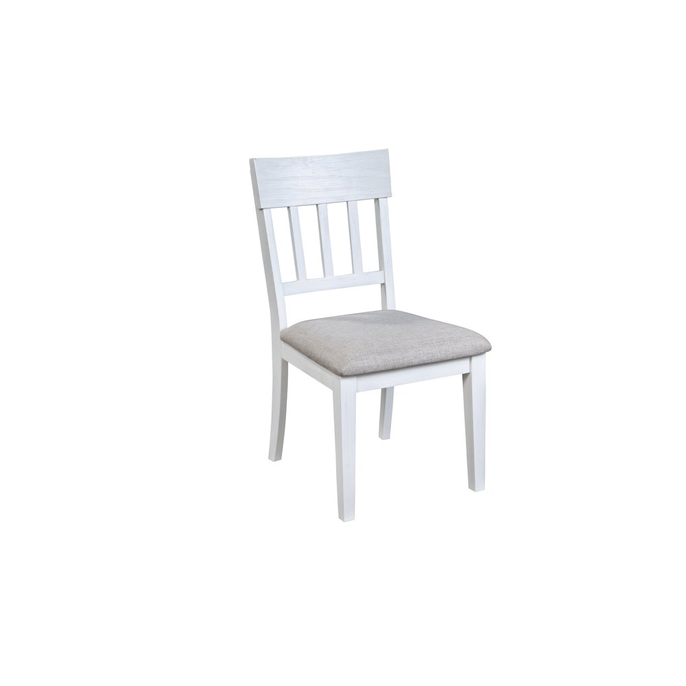 Set of two white Donham side chairs by Start2Finish with sleek, modern design and smooth wooden legs.