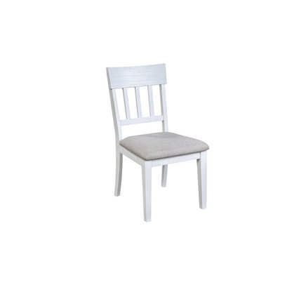 Set of two white Donham side chairs by Start2Finish with sleek, modern design and smooth wooden legs.