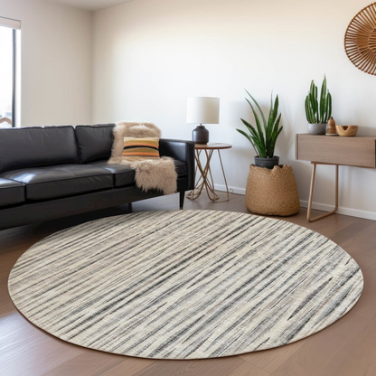 Start2Finish Mayfield beige 8-foot round machine washable rug with a soft, plush texture and subtle pattern for cozy living spaces.