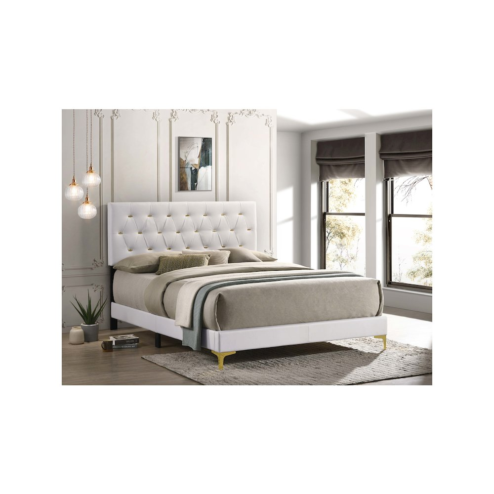 White Kendall upholstered queen panel bed by Start2Finish with padded headboard and clean, modern design.