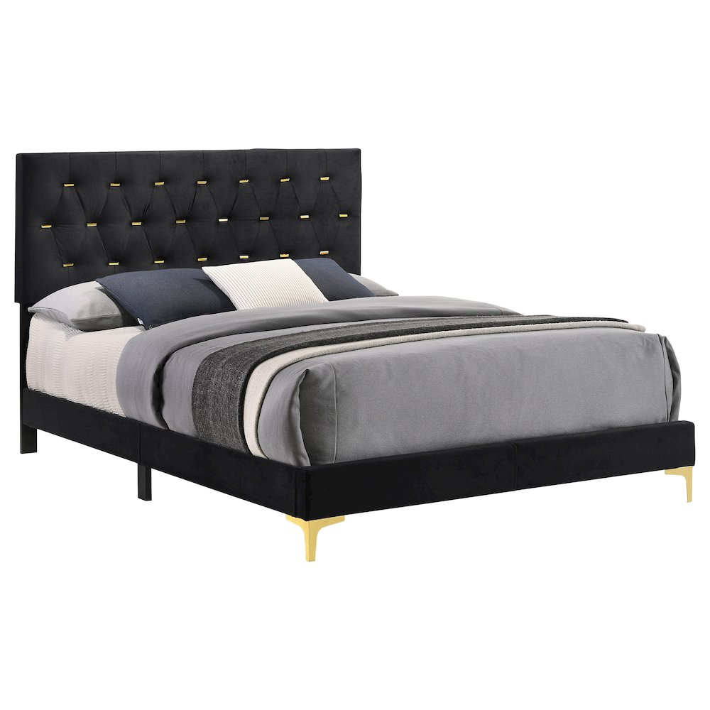 Black Kendall upholstered queen panel bed by Start2Finish with padded headboard and sleek frame showing detailed fabric texture.