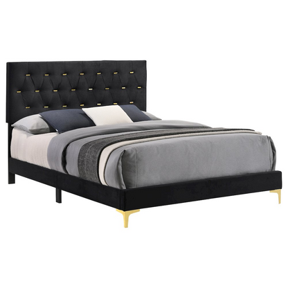 Black Kendall upholstered queen panel bed by Start2Finish with padded headboard and sleek frame showing detailed fabric texture.
