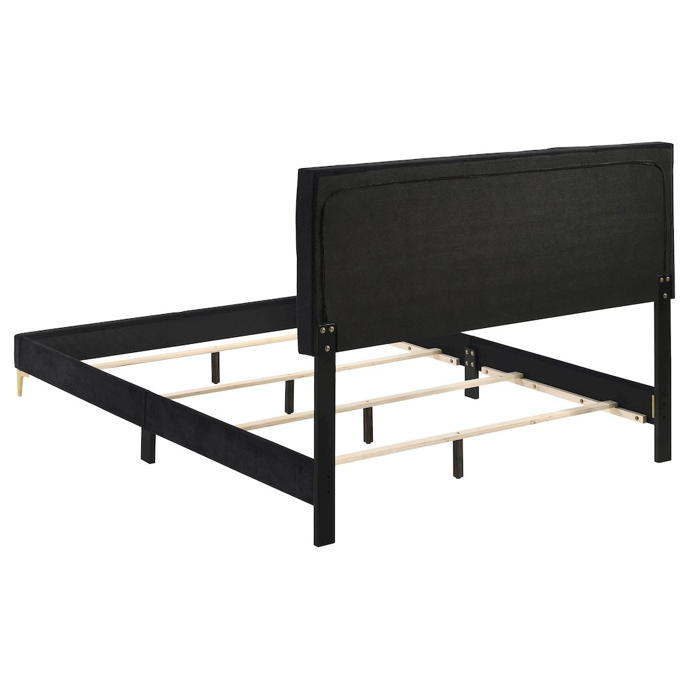 Kendall upholstered queen panel bed in black with padded headboard and sleek frame, from Start2Finish.