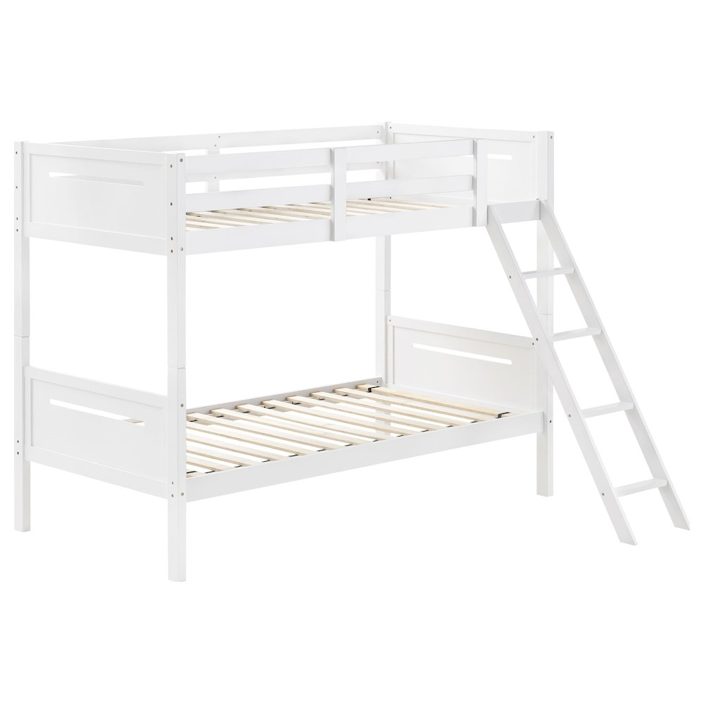 White Littleton Wood Twin Over Twin Bunk Bed by Start2Finish with sturdy frame and safety rails, ideal for children&