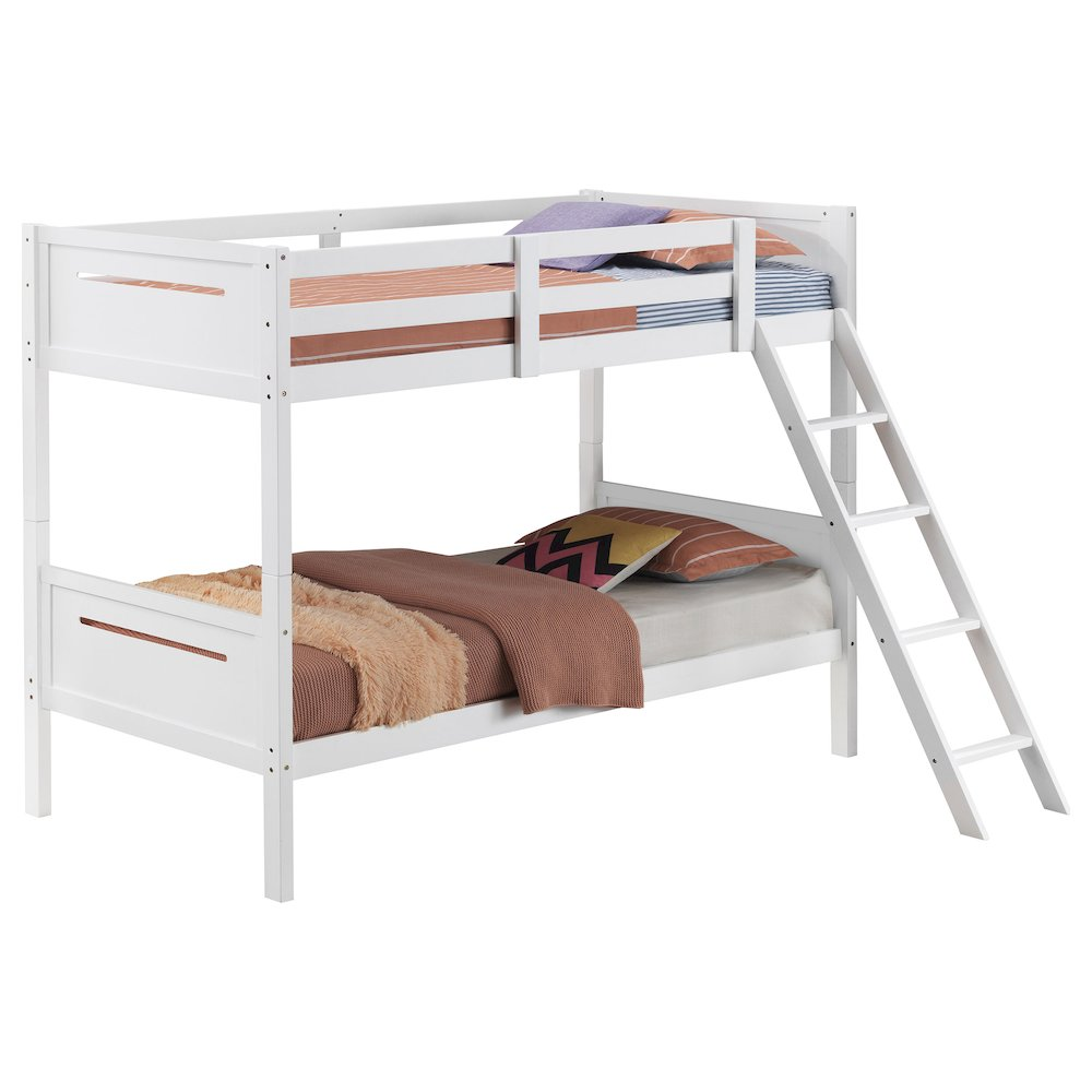 White Littleton Wood Twin Over Twin Bunk Bed by Start2Finish with sturdy frame and ladder, ideal for kids&
