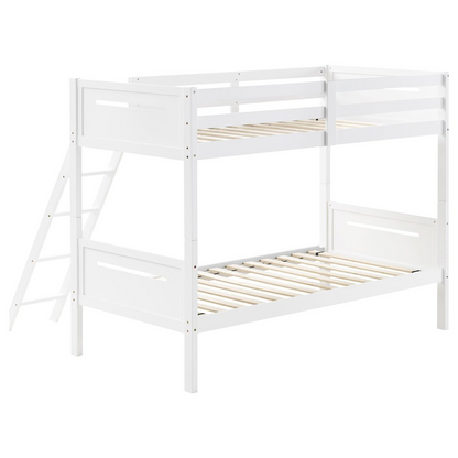 White Littleton Wood Twin Over Twin Bunk Bed by Start2Finish, showing sturdy twin-over-twin design with safety rails and ladder.