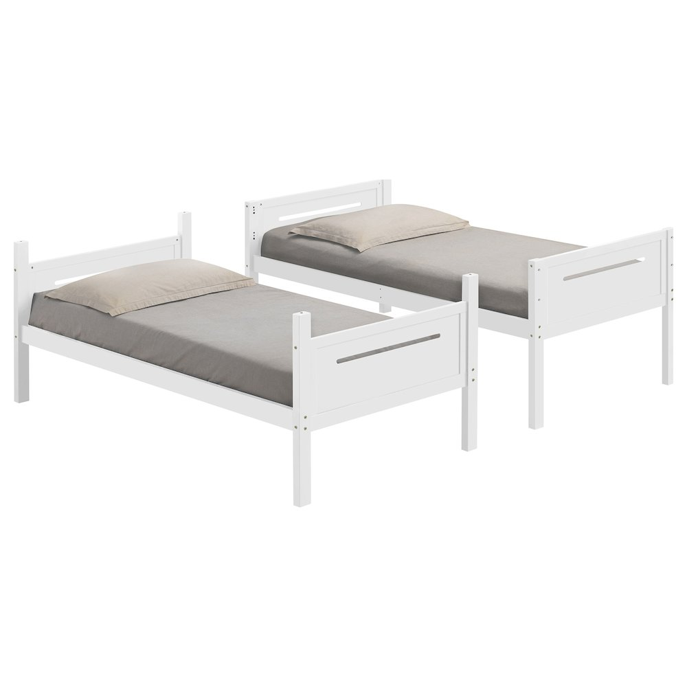 White Littleton Wood Twin Over Twin Bunk Bed by Start2Finish, showing the sturdy twin-over-twin bunk bed with safety rails in a bright room.