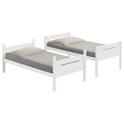 White Littleton Wood Twin Over Twin Bunk Bed by Start2Finish, showing the sturdy twin-over-twin bunk bed with safety rails in a bright room.