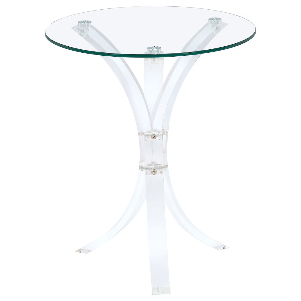 Start2Finish Laning round acrylic side table with clear glass top, modern and sleek design for living room decor.