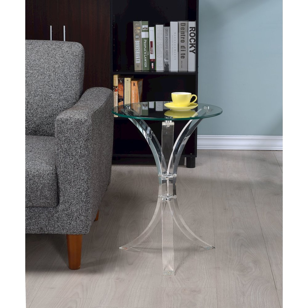 Laning round acrylic side table with clear glass top by Start2Finish, showcasing a sleek, modern design with transparent finish.