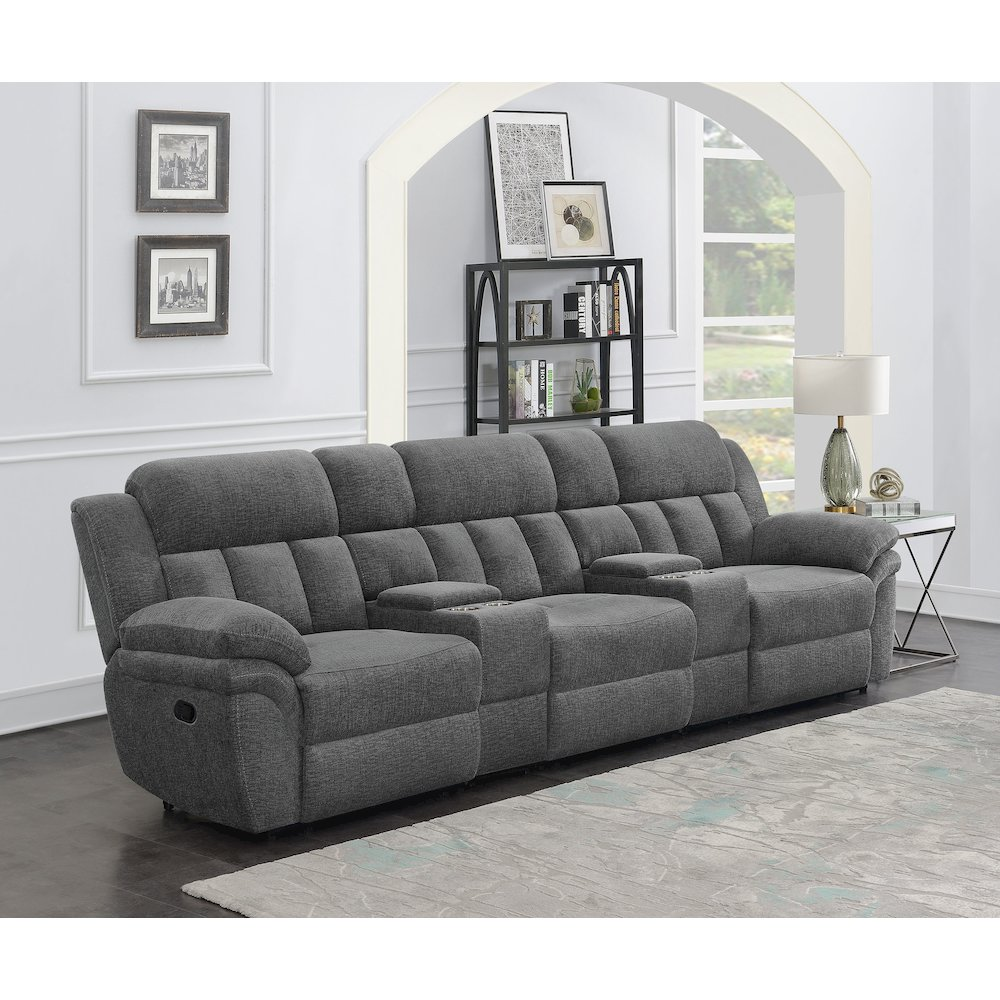 Start2Finish Bahrain 5-piece upholstered home theater seating set in charcoal fabric, showing plush cushions and reclining seats.