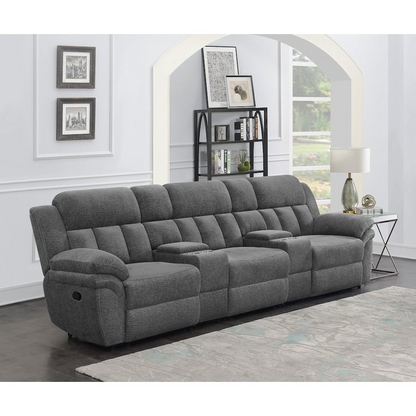 Start2Finish Bahrain 5-piece upholstered home theater seating set in charcoal fabric, showing plush cushions and reclining seats.