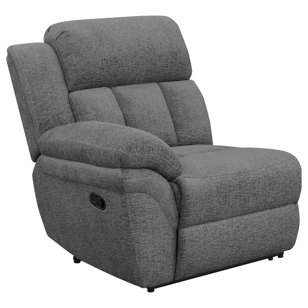 Charcoal Bahrain upholstered motion loveseat by Start2Finish, featuring plush fabric, padded armrests, and a reclining mechanism.
