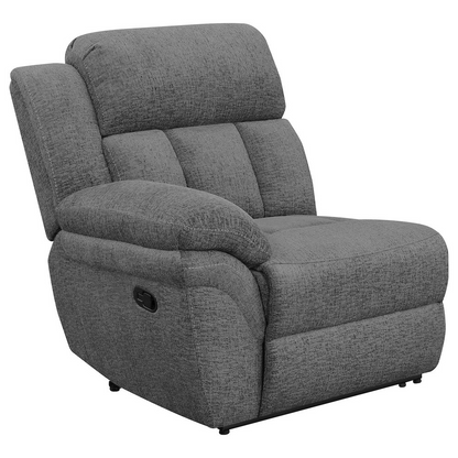 Charcoal Bahrain upholstered motion loveseat by Start2Finish, featuring plush fabric, padded armrests, and a reclining mechanism.