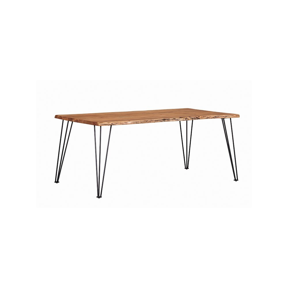 Start2Finish Sherman 71-inch natural acacia live edge dining table showing its smooth, polished wood surface and sturdy metal legs.