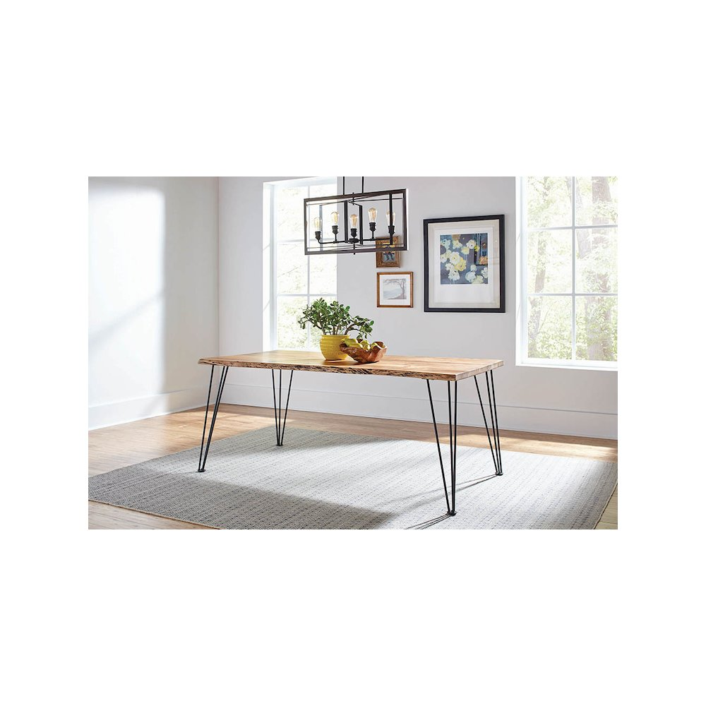 Start2Finish Sherman 71-inch live edge dining table in natural acacia wood with a smooth, polished surface and sturdy wooden legs.