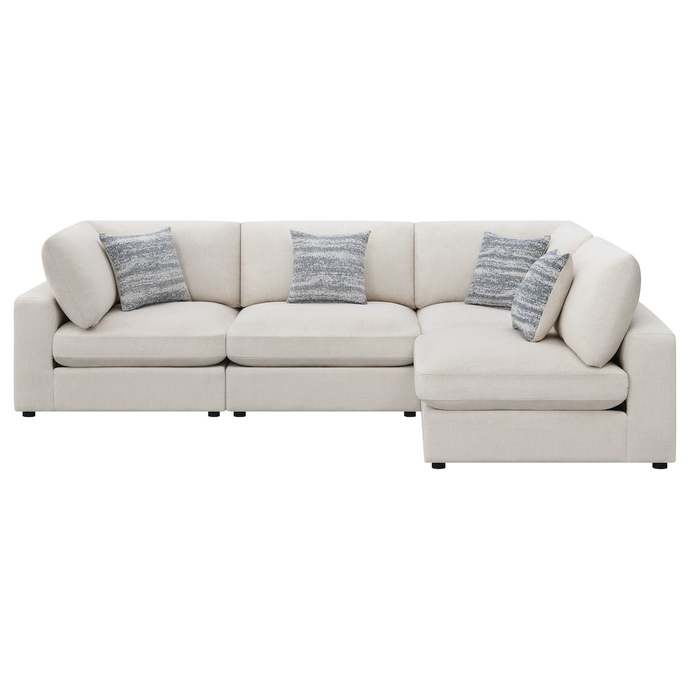 Beige Serene 4-piece upholstered modular sectional sofa by Start2Finish, shown in a spacious living room setting.