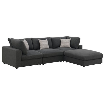 Charcoal Serene 4-piece upholstered modular sectional sofa by Start2Finish, showing plush cushions and modern design in a living room setting.
