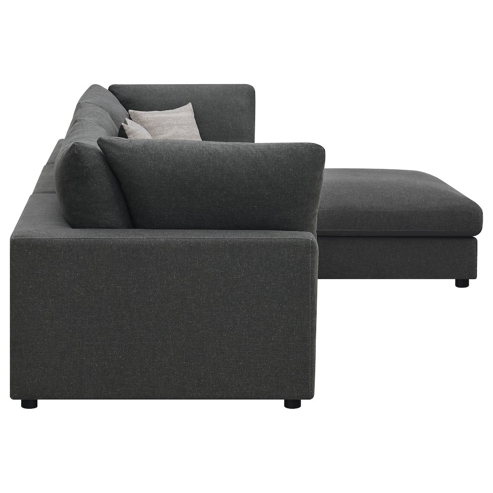 Charcoal upholstered Serene 4-piece modular sectional sofa by Start2Finish, showing plush cushions and modern design.