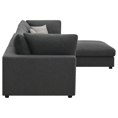 Charcoal upholstered Serene 4-piece modular sectional sofa by Start2Finish, showing plush cushions and modern design.