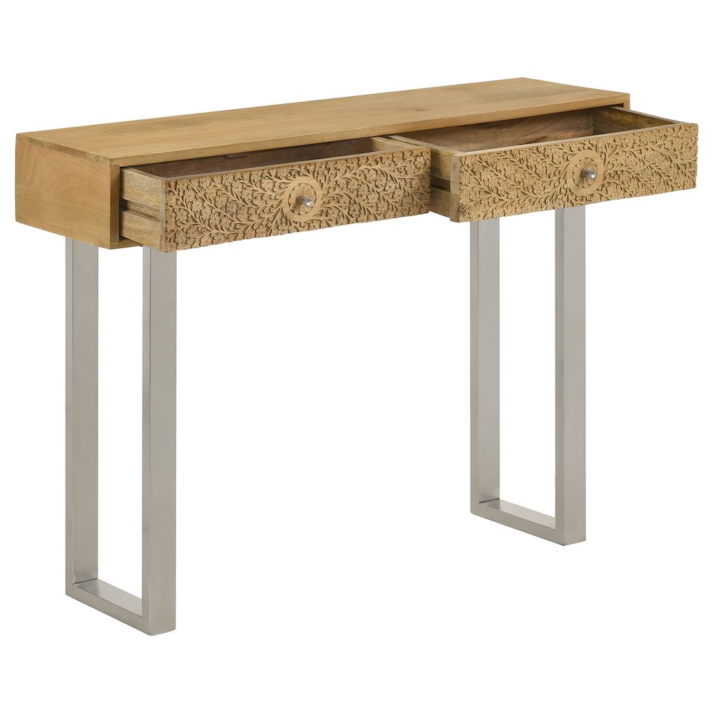 Start2Finish Draco 2-drawer console table with hand-carved details in natural wood finish, showcasing its elegant craftsmanship.