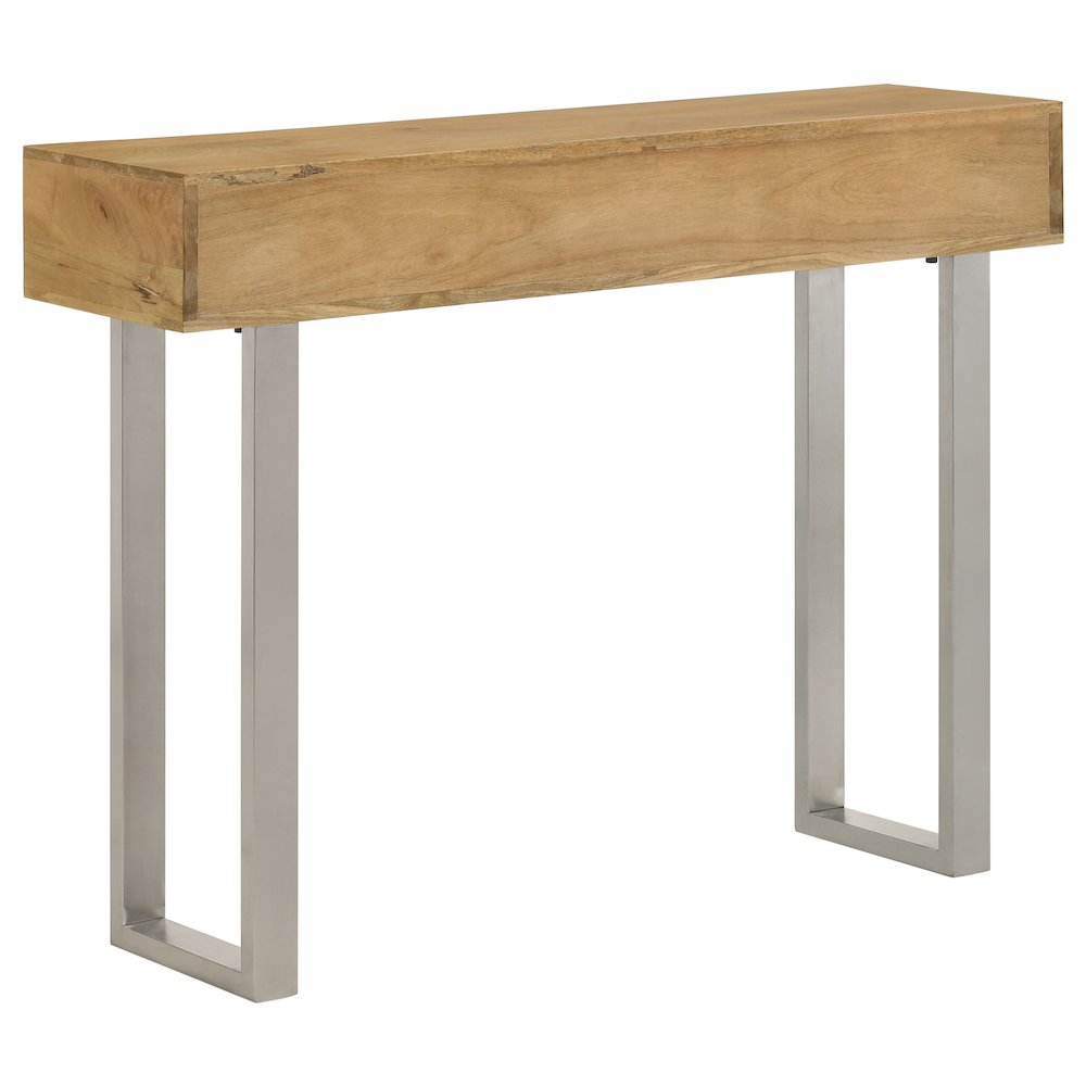 Hand-carved Draco 2-drawer console table by Start2Finish with natural finish and intricate carved details.