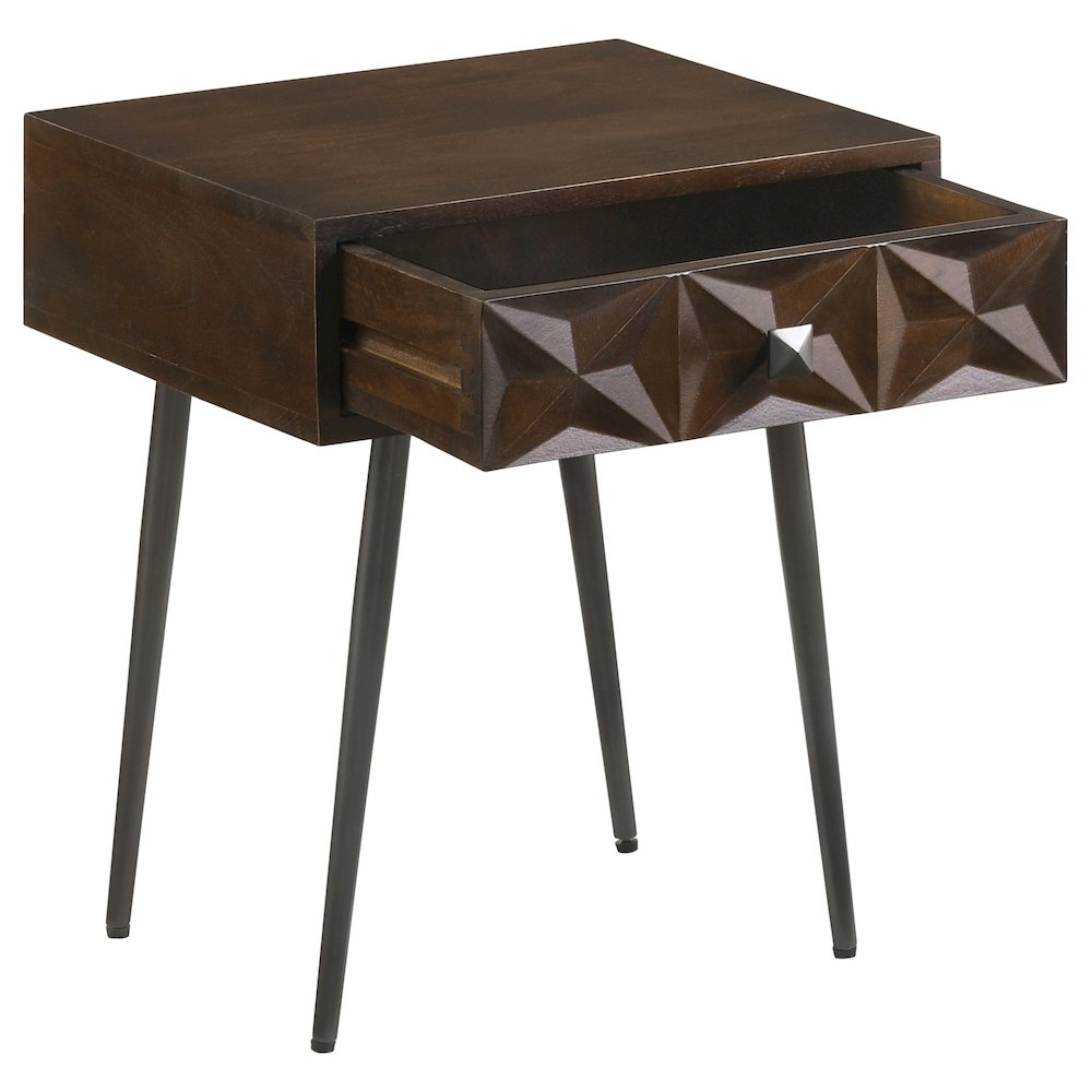 Start2Finish Ezra rectangular accent side table with one drawer, coffee brown finish, featuring a simple modern design