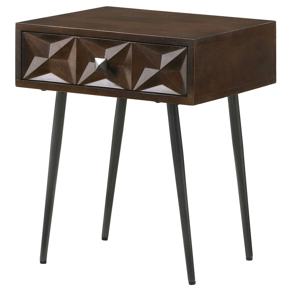 Start2Finish Ezra rectangular accent side table with a single drawer in coffee brown, showcasing its modern design and smooth finish.
