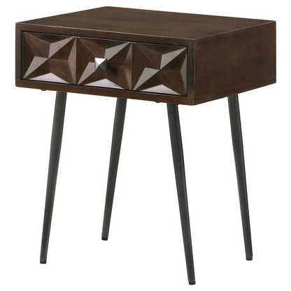 Start2Finish Ezra rectangular accent side table with a single drawer in coffee brown, showcasing its modern design and smooth finish.