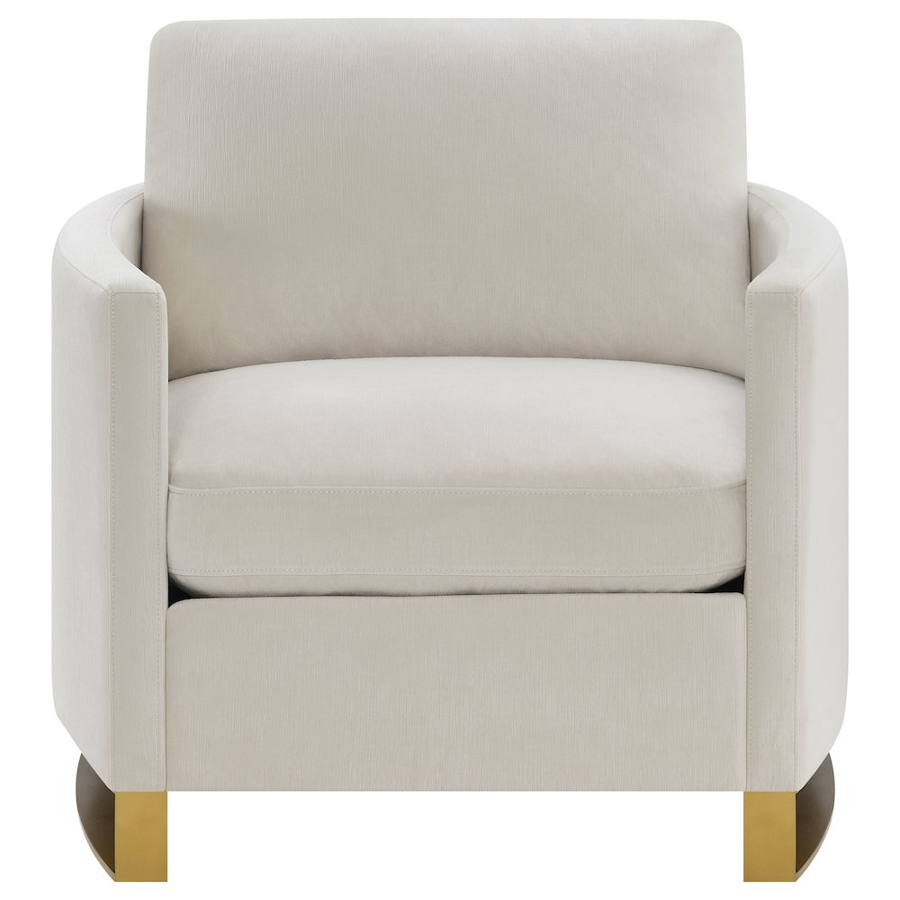 Beige Corliss upholstered arched arm accent chair by Start2Finish with padded back and curved wooden legs.