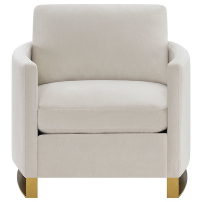 Beige Corliss upholstered arched arm accent chair by Start2Finish with padded back and curved wooden legs.