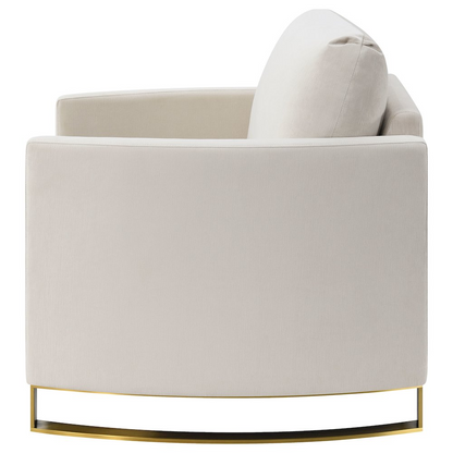 Beige Corliss Upholstered Arched Arm Accent Chair by Start2Finish, showing the curved armrests and plush fabric upholstery.