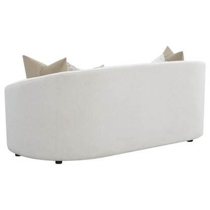 Start2Finish Rainn 2-piece boucle upholstered sloped arm sofa set in latte color, featuring plush cushions and modern design.
