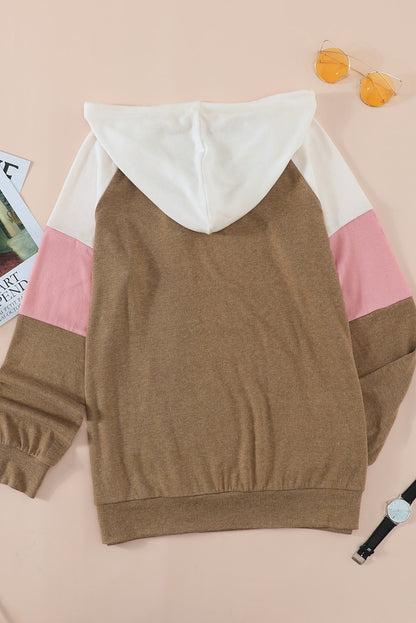 Spliced Sleeve Khaki Hoodie with Pocket