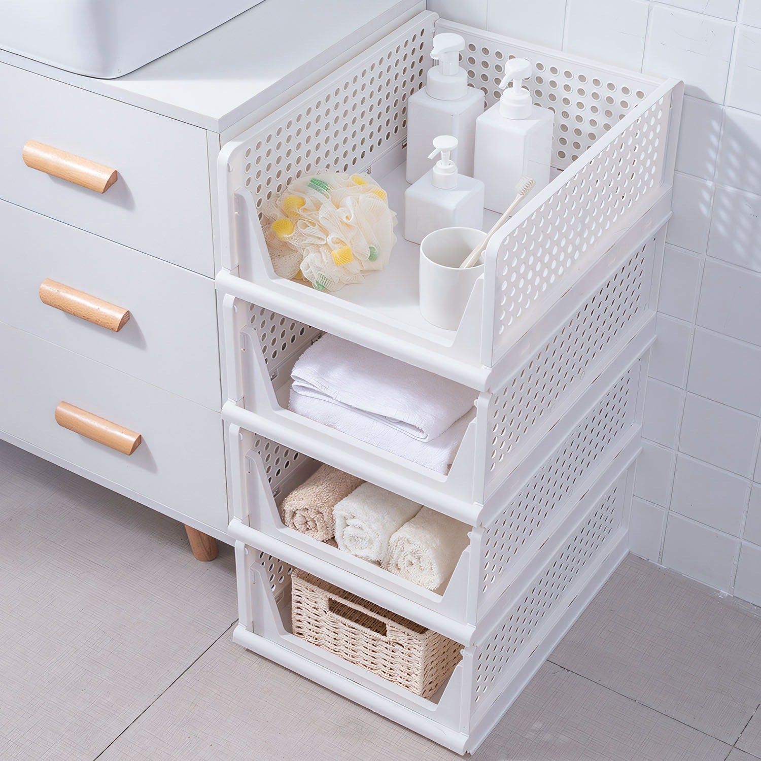 4 Packs Plastic Storage Box With Slide Rail Stackable  For Living Room