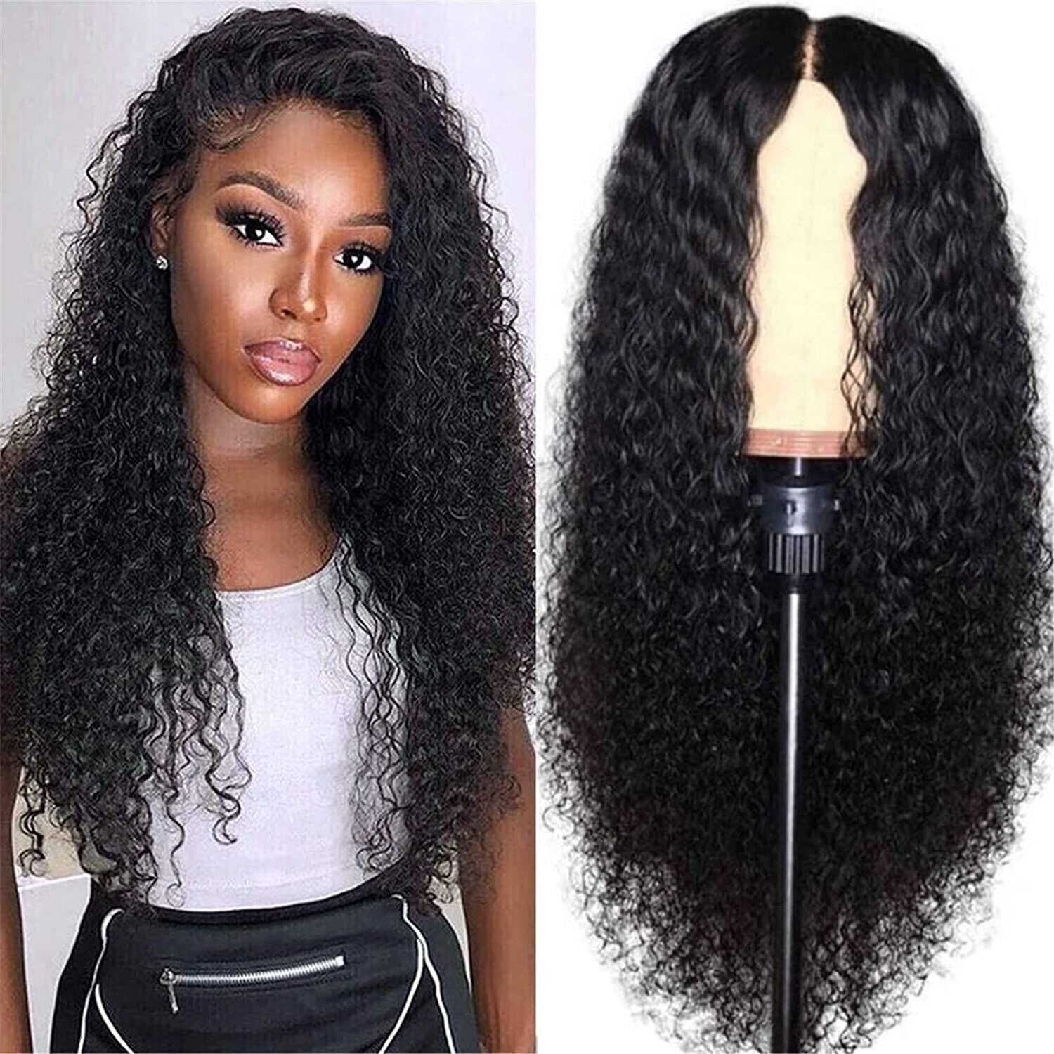 Long Brazilian human hair lace front wig with curly, wavy style for women, by Puce Gaia, featuring natural black hair.