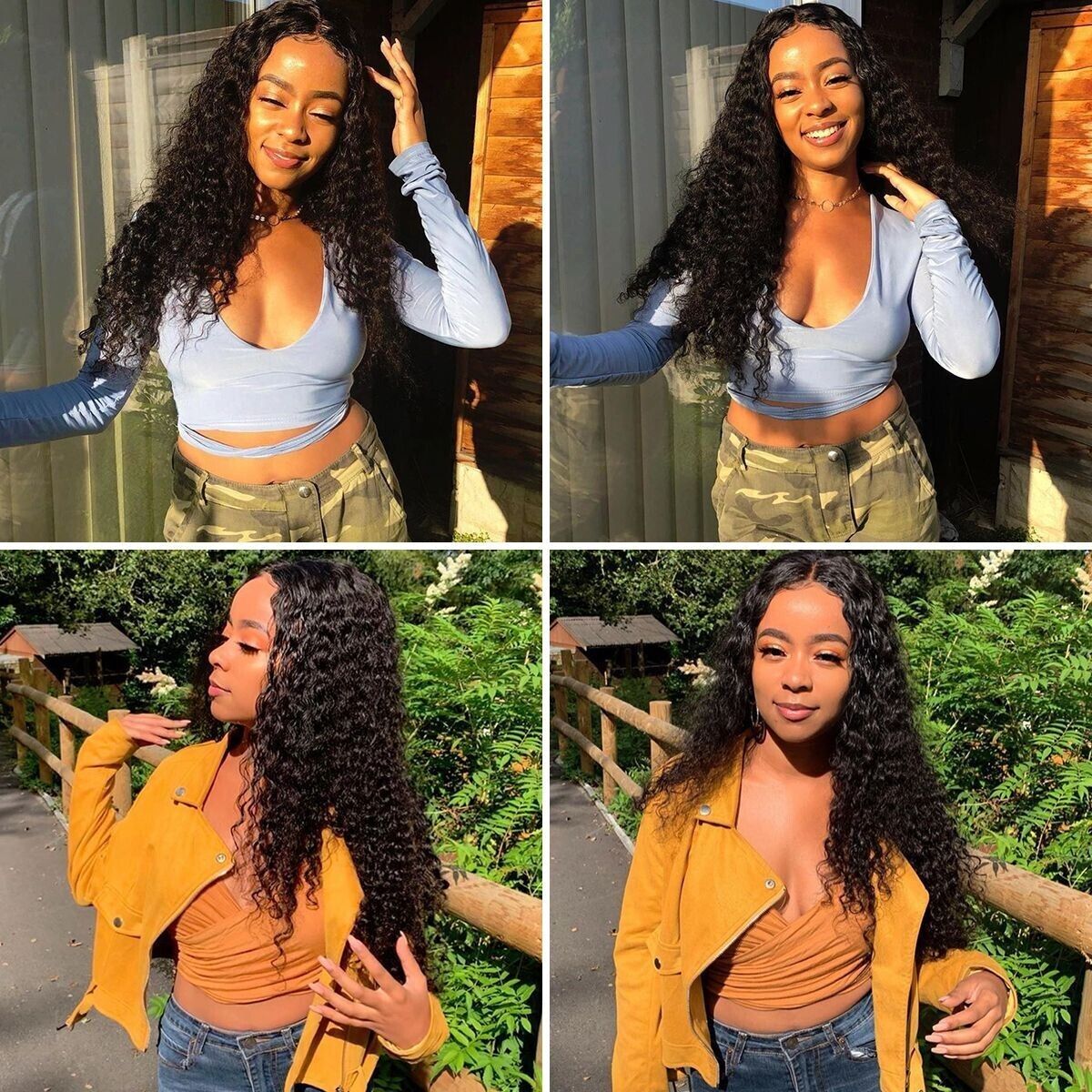 Long curly Brazilian human hair front wig for women, wavy lace wig by Puce Gaia, showcasing natural hair texture and style.