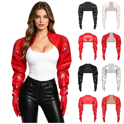 Womens Wet Look PU Leather Cardigan Crop Jacket Puff Loose Long Sleeve Open Front Coat Shrug Shawls with Gloves Party Clubwear