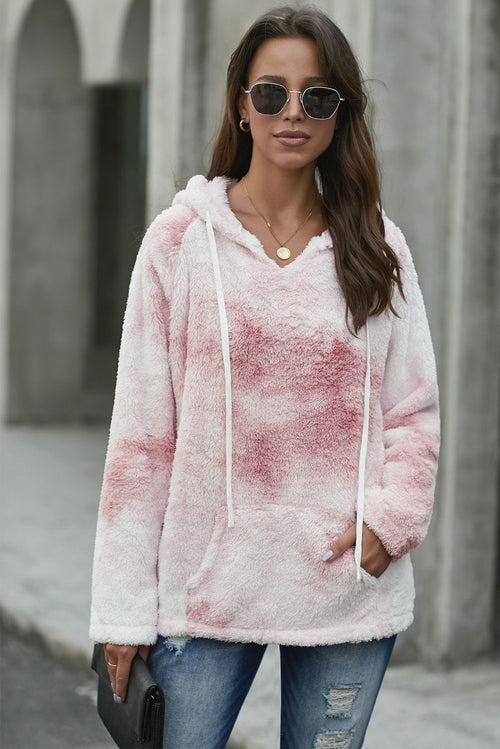 V-neck Tie-dye Plush Pullover Hoodie