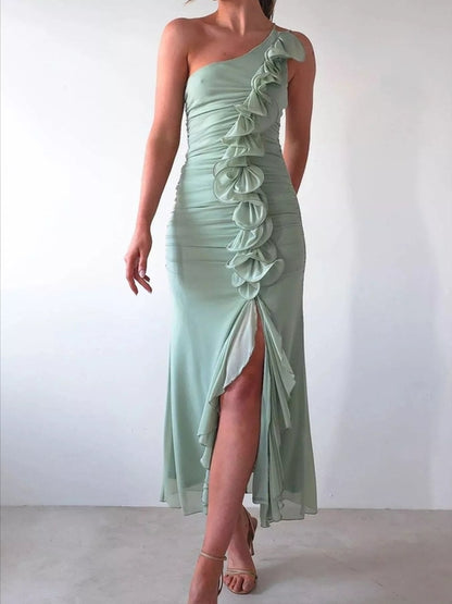 Stylish One-Shoulder Ruffle : Slit Dress