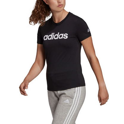 Start2Finish adidas Essentials Slim W GL0769 T-shirt, women’s athletic slim fit T-shirt in black with logo details, front view.