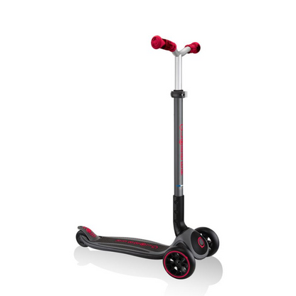 Start2Finish Globber Master Prime 3-wheel scooter in black with red accents, featuring a sturdy design and adjustable handlebars.