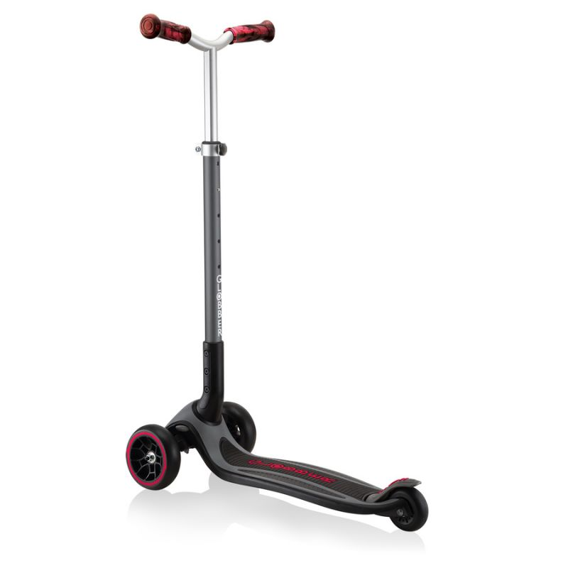 Black Globber Master Prime 3-wheel scooter with red accents, featuring sturdy handlebars and a sleek design for kids.
