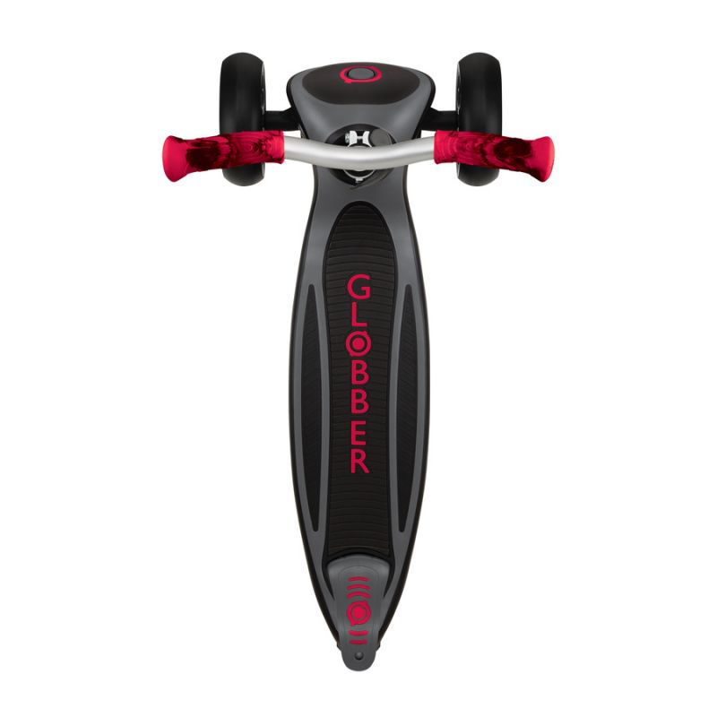 Black Globber Master Prime 3-Wheel Scooter for kids with red accents, featuring sturdy handles and a sleek design.